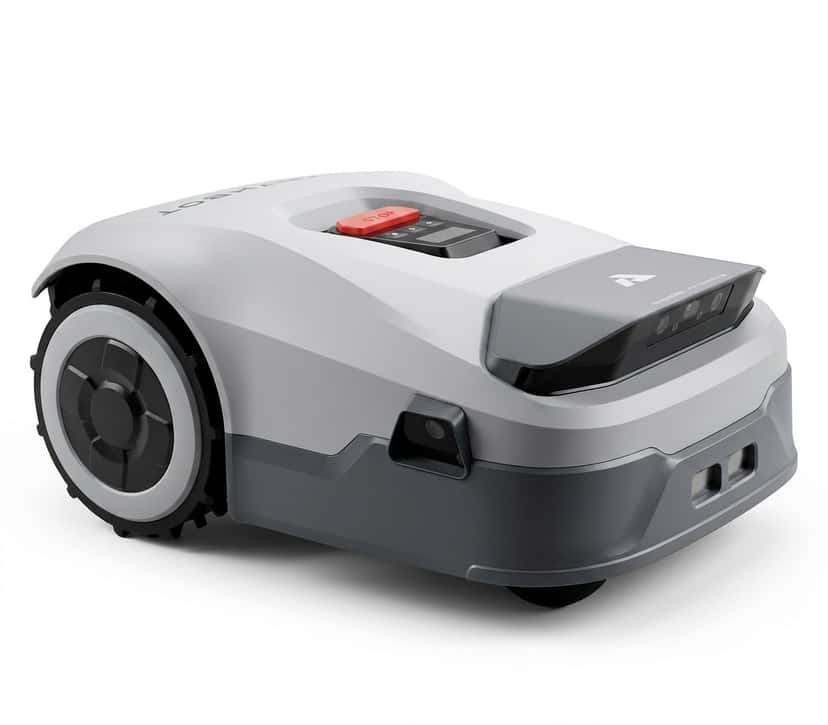Anthbot Genie 800 vejos robotas – priekinis vaizdas, demonstruojantis modernų dizainą ir pažangią RTK GPS navigaciją.