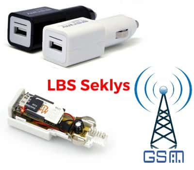 LBS Seklys – GSM blakė automobilio kroviklyje, detalus vaizdas, rodantis įrenginio funkcionalumą.