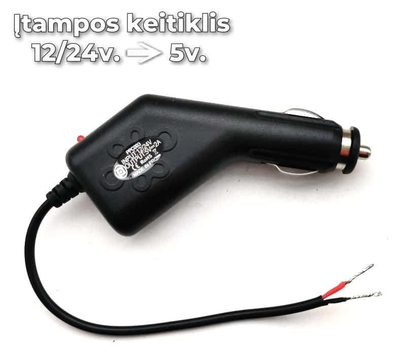Įtampos keitiklis iš 12/24v. į 5v. – pagrindinis vaizdas su jungtimis, skirtas 4G kameroms, Reolink ir GPS sekliams.
