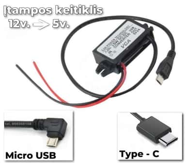 Įtampos keitiklis iš 12v. į 5v. su Micro USB ir Type-C jungtimis, skirtas 4G kameroms ir GPS sekliams.