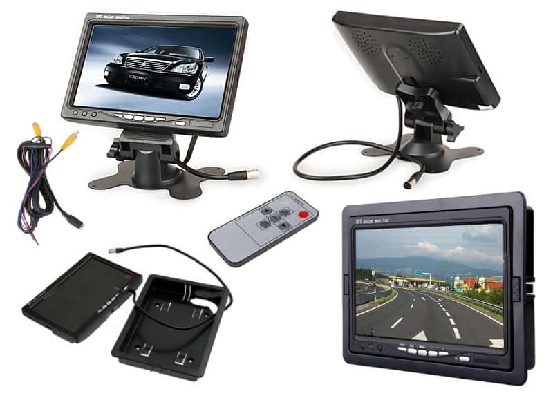 Automobilinis LCD monitorius 17 cm – šoninis vaizdas su tvirtinimo elementais, skirtas lengvam montavimui.