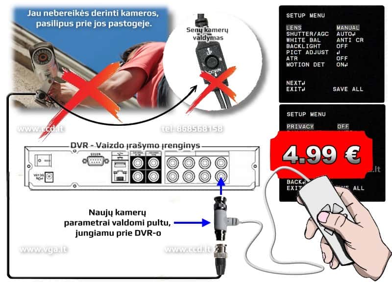 UTC nuotolinio valdymo pulto mygtukai iš arti, skirti 700-1000 TVL kamerų meniu valdymui.