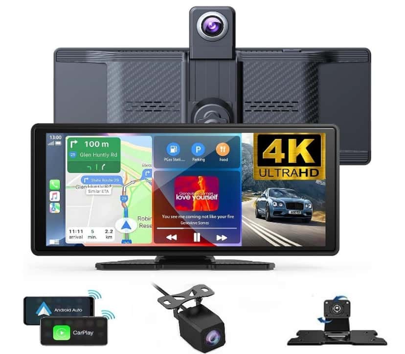 10″ Automobilio Multimedija su 4K Vaizdo Registratoriumi ir Lietuvišku Meniu – pagrindinis prietaiso vaizdas su ekranu.