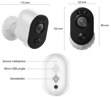 5MP. Bevielė, autonominė kamera – priekinis vaizdas su integruota 5200 mAh baterija.