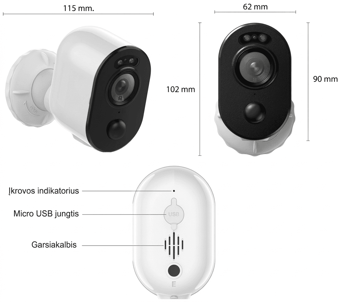 5MP. Bevielė, autonominė kamera – priekinis vaizdas su integruota 5200 mAh baterija.