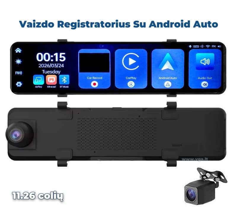 Vaizdo registratorius veidrodėlyje, Android Auto – pagrindinis vaizdas su belaidžiu CarPlay ir 2 kameromis.