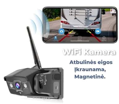 Atbulinės eigos WiFi kamera, įkraunama – priekinis vaizdas su naktiniu pašvietimu ir magnetiniu tvirtinimu.