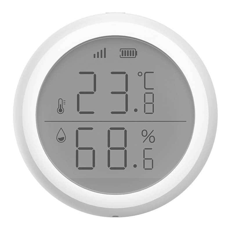 Belaidis Temperatūros ir drėgmės matuoklis ZTM1 IMOU ZigBee – kompaktiškas priekinis vaizdas, rodantis ekraną su duomenimis.