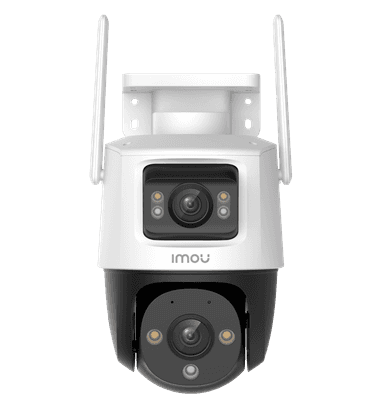 Dviguba stebėjimo kamera IMOU Cruiser Dual 6MP S7XP-6M0WED WiFi – priekinis vaizdas, rodantis du sukiojamus objektyvus.