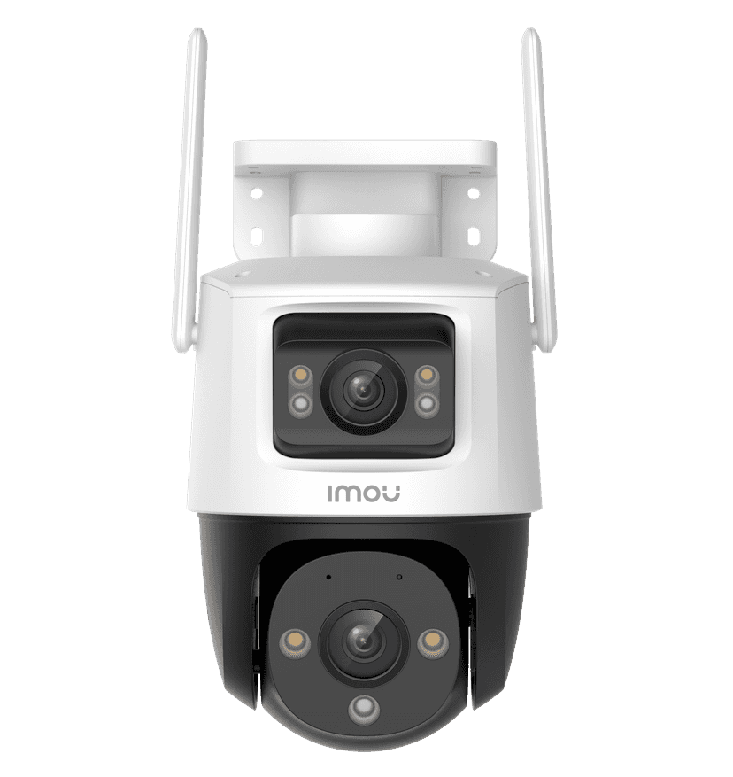 Dviguba stebėjimo kamera IMOU Cruiser Dual 6MP S7XP-6M0WED WiFi – priekinis vaizdas, rodantis du sukiojamus objektyvus.