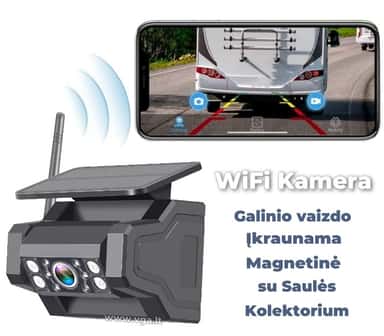 Universali galinio vaizdo WiFi kamera su saulės baterija, magnetu ir 140° apžvalgos kampu, skirta lengvam montavimui.