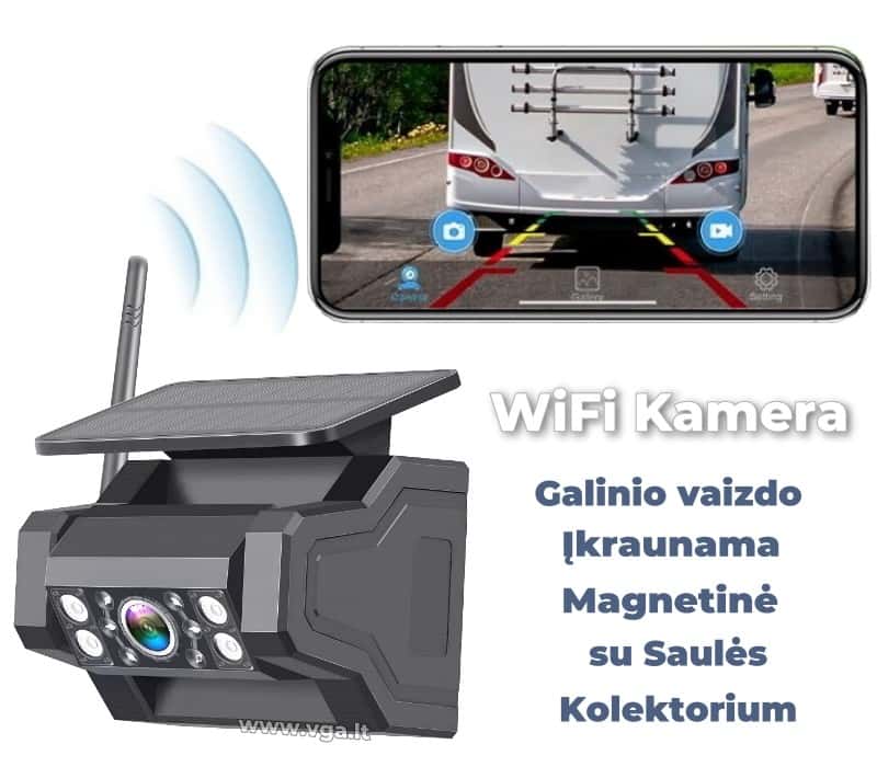 Universali galinio vaizdo WiFi kamera su saulės baterija, magnetu ir 140° apžvalgos kampu, skirta lengvam montavimui.