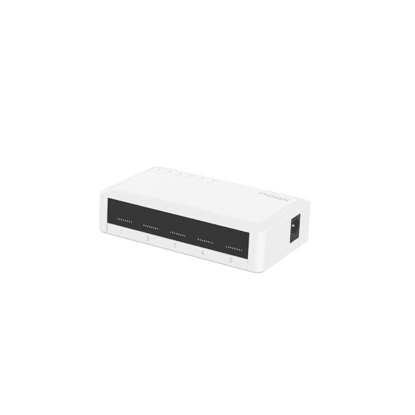 IMOU komutatorius SG105C, 5-port Gigabit – priekinis vaizdas su 5 automatinio greičio RJ45 prievadais.