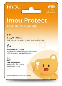 Imou Protect Basic metinis planas 1 metams – skaitmeninė iliustracija su debesies saugyklos ir kameros simboliais, pabrėžianti saugumą.