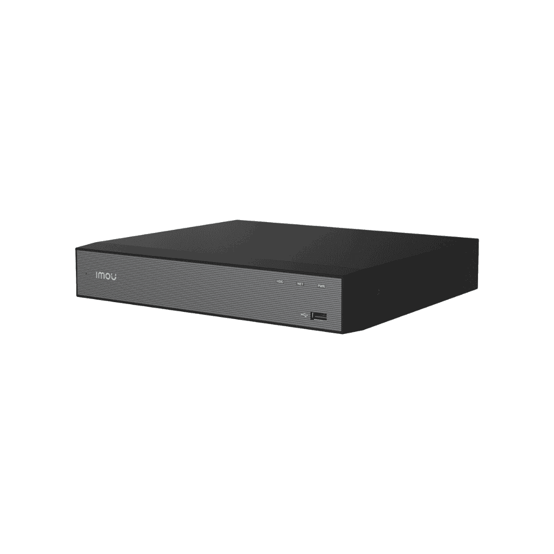 Įrašymo įrenginys NVR-N110-8A0E-P, 10k, 1 SATA, su mikrofonu ir garsiakalbiu – priekinis vaizdas, rodantis kompaktišką dizainą.