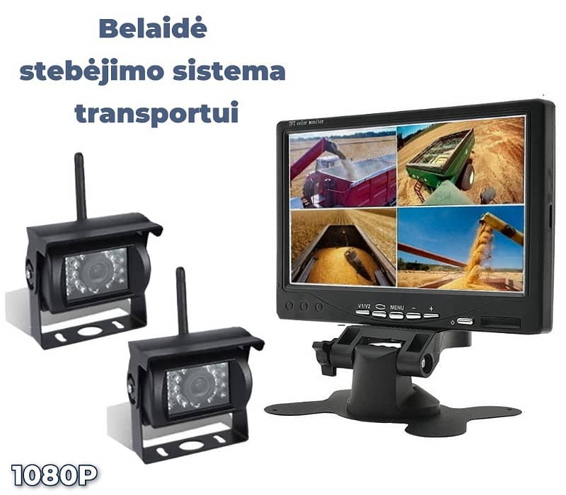 Belaidė vaizdo stebėjimo sistema transportui – pilnas komplektas su kamera, monitoriumi ir laidais.
