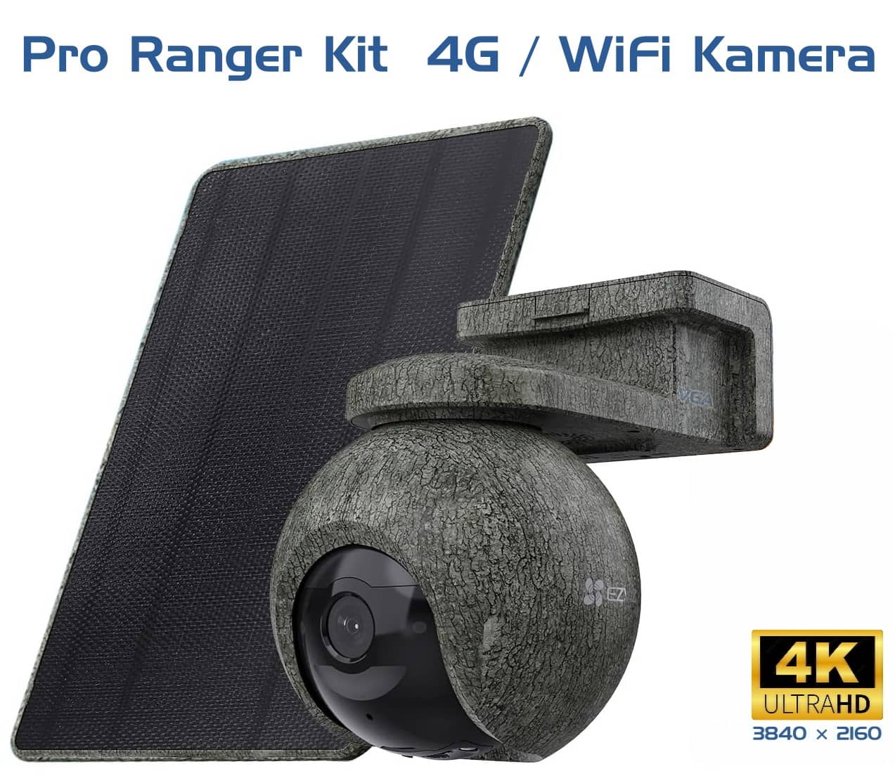 Pro Ranger kit 4G belaidė kamera – pagrindinis vaizdas, rodantis išmanią 4K stebėjimo kamerą su 4G ryšiu, idealiai tinkančią sodybai ar medžioklei.