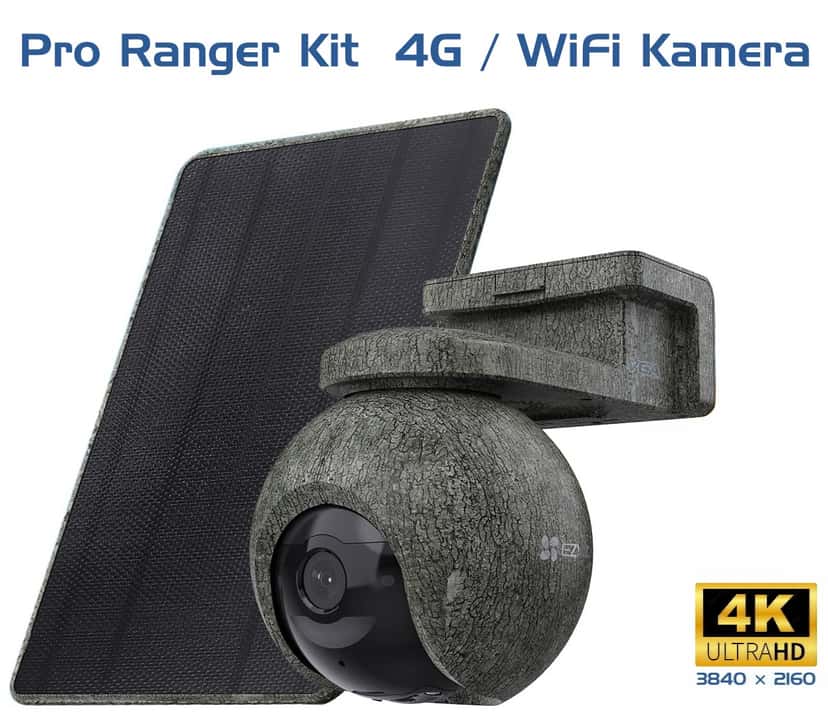 Pro Ranger kit 4G belaidė kamera – pagrindinis vaizdas, rodantis išmanią 4K stebėjimo kamerą su 4G ryšiu, idealiai tinkančią sodybai ar medžioklei.