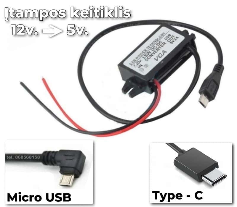 Įtampos keitiklis iš 12v. į 5v. su Micro USB ir Type-C jungtimis, skirtas 4G kameroms ir GPS sekliams.