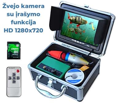 Povandeninė žvejo kamera su 7" IPS monitoriumi – pagrindinis komplekto vaizdas su 30m kabeliu ir 720P raiška, idealu žvejybai.