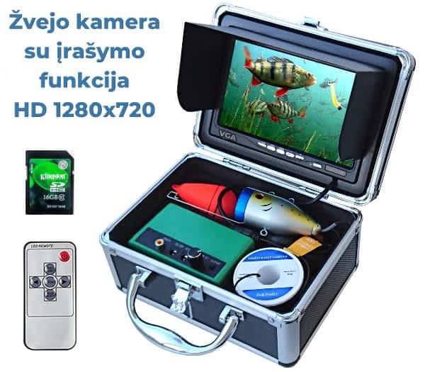 Povandeninė žvejo kamera su 7" IPS monitoriumi – pagrindinis komplekto vaizdas su 30m kabeliu ir 720P raiška, idealu žvejybai.