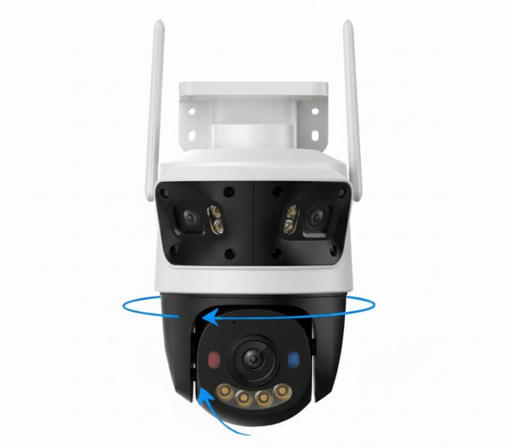 Pagrindinis Lauko kameros Cruiser Triple (11MP) vaizdas: 3 objektyvai, PTZ sekimas ir Wi-Fi 6 apsaugai.